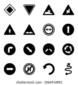 Solid vector icon set - main road vector sign, giving way, steep roadside, abrupt turn right, intersection, rough, no overtake, only forward, detour, circle, parking even, undo, trip