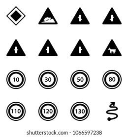 Solid vector icon set - main road vector sign, climb, intersection, cow, speed limit 10, 30, 50, 80, 110, 120, 130, trip