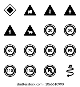Solid vector icon set - main road vector sign, tractor way, intersection, cow, speed limit 20, 50, 60, 70, 80, 90, 110, 130, no turn back, trip