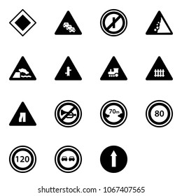 Solid vector icon set - main road vector sign, multi lane traffic, no parkin odd, landslide, embankment, intersection, railway, narrows, horn, limited distance, speed limit 80, 120, overtake