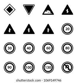 Solid vector icon set - main road vector sign, giving way, steep descent, intersection, speed limit 20, 30, 40, 60, 80, 90, 100, 130, no turn back
