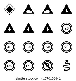Solid vector icon set - main road vector sign, climb, steep descent, intersection, speed limit 20, 40, 50, 60, 90, 120, 130, no turn back, trip