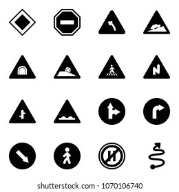 Solid vector icon set - main road vector sign, no way, turn left, climb, tunnel, steep roadside, pedestrian, abrupt right, intersection, rough, only forward, detour, parking even, trip
