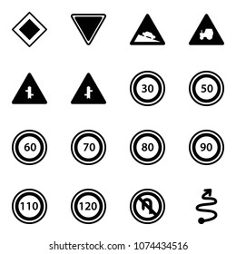 Solid vector icon set - main road vector sign, giving way, steep descent, tractor, intersection, speed limit 30, 50, 60, 70, 80, 90, 110, 120, no turn back, trip