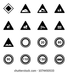 Solid vector icon set - main road vector sign, steep descent, embankment, children, wild animals, railway intersection, side wind, rough, prohibition, speed limit 20, 80, 90, 110, 130, no bus
