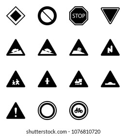Solid vector icon set - main road vector sign, prohibition, stop, giving way, climb, steep descent, roadside, abrupt turn right, children, intersection, railway, artificial unevenness, attention