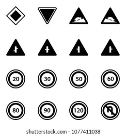 Solid vector icon set - main road vector sign, giving way, climb, steep descent, intersection, speed limit 20, 30, 50, 60, 80, 90, 120, no turn back