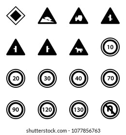 Solid vector icon set - main road vector sign, steep descent, tractor way, intersection, cow, speed limit 10, 20, 30, 40, 70, 90, 120, 130, no turn back