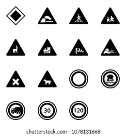 Solid vector icon set - main road vector sign, embankment, pedestrian, children, wild animals, railway intersection, side wind, gravel, cow, prohibition, no dangerous cargo, truck, speed limit 30