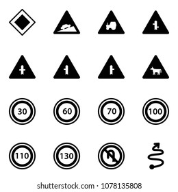 Solid vector icon set - main road vector sign, climb, tractor way, intersection, cow, speed limit 30, 60, 70, 100, 110, 130, no turn back, trip