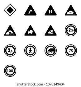 Solid vector icon set - main road vector sign, turn right, oncoming traffic, steep descent, embankment, tractor way, railway intersection, limited width, height, no pedestrian, truck, speed limit 70