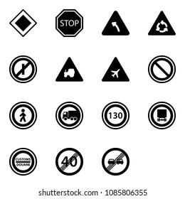 Solid vector icon set - main road vector sign, stop, turn left, round motion, no parkin odd, tractor way, airport, prohibition, pedestrian, truck, speed limit 130, dangerous cargo, customs, end