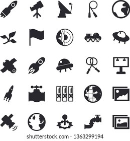 Solid vector icon set - main pipeline flat vector, tree leaf, earth, satellite antenna, laser, billboard, rocket, flag, satellit, lunar rover, ufo, telescope, folders for papers, core of the fector