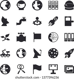 Solid vector icon set - main pipeline flat vector, tree leaf, earth, satellite antenna, laser, billboard, rocket, flag, moon, lunar rover, folders for papers, core of the fector, astronaut helmet