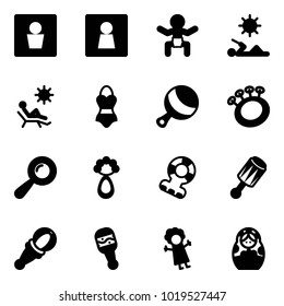 Solid vector icon set - male wc vector, female, baby, reading, beach, swimsuit, beanbag, teethers, doll, russian