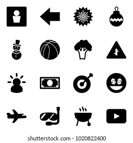 Solid vector icon set - male wc vector, left arrow, firework, christmas ball, snowman, basketball, broccoli, intersection road sign, idea, money, target, smile, plane, diving, grill, playback