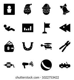 Solid vector icon set - male wc vector, santa claus, bell, abdominal muscles, statistics, flag, fast backward, finance management, luck, helicopter, bolt cutter, jack, dryer, ball, toy car
