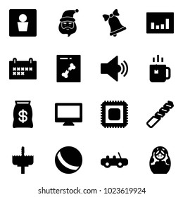 Solid vector icon set - male wc vector, santa claus, bell, statistics, schedule, x ray, volume medium, green tea, money bag, monitor, cpu, drill, crown, ball, toy car, russian doll