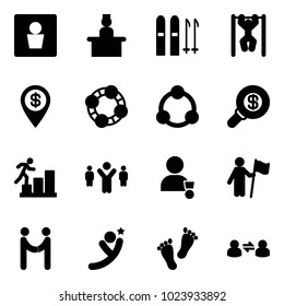 Solid vector icon set - male wc vector, recieptionist, ski, pull ups, dollar pin, friends, community, search money, career, team leader, winner, win, agreement, flying man, feet