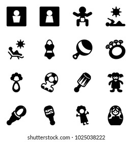 Solid vector icon set - male wc vector, female, baby, reading, beach, swimsuit, beanbag, teethers, doll, russian