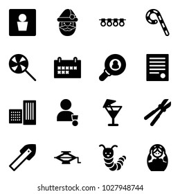 Solid vector icon set - male wc vector, santa claus, garland, lollipop, schedule, head hunter, agreement, building, winner, drink, bolt cutter, tile drill, jack, toy caterpillar, russian doll
