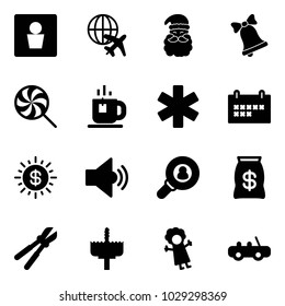 Solid vector icon set - male wc vector, plane globe, santa claus, bell, lollipop, tea, ambulance star, schedule, dollar sun, volume medium, head hunter, money bag, bolt cutter, crown drill, doll