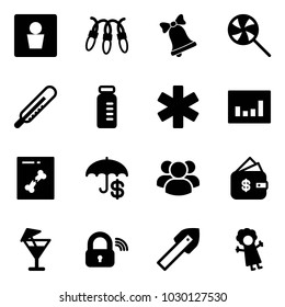 Solid vector icon set - male wc vector, garland, bell, lollipop, thermometer, vial, ambulance star, statistics, x ray, insurance, group, finance management, drink, wireless lock, tile drill, doll