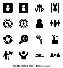 Solid vector icon set - male wc vector, female, vip, pull ups, no left turn road sign, pedestrian, user, group, friends, search money, world, win, success, swimming, information exchange