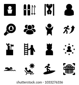 Solid vector icon set - male wc vector, ski, pull ups, user, head hunter, group, success, career, win, opportunity, king, star man, swimming, beach, surfing, fingerprint scanner