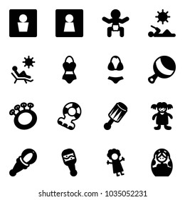 Solid vector icon set - male wc vector, female, baby, reading, beach, swimsuit, beanbag, teethers, doll, russian