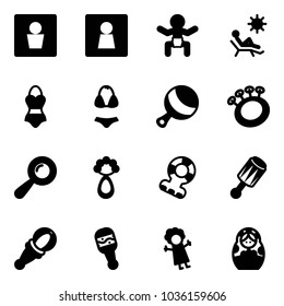 Solid vector icon set - male wc vector, female, baby, beach, swimsuit, beanbag, teethers, doll, russian
