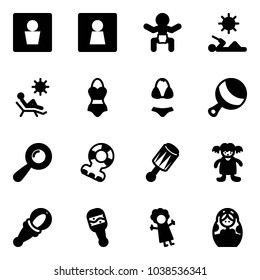 Solid vector icon set - male wc vector, female, baby, reading, beach, swimsuit, beanbag, teethers, doll, russian