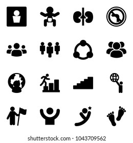 Solid vector icon set - male wc vector, baby, kidneys, no left turn road sign, group, community, man globe, career, stairs, world, win, success, flying, feet