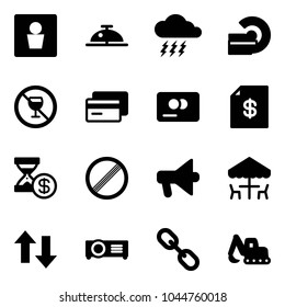 Solid vector icon set - male wc vector, client bell, storm, mri, no alcohol sign, credit card, account statement, history, limit road, loudspeaker, outdoor cafe, up down arrows, projector, link