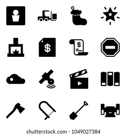 Solid vector icon set - male wc vector, fork loader, christmas sock, star, fireplace, account statement, history, no way road sign, cloud, satellite, movie flap, battery, axe, fretsaw, shovel