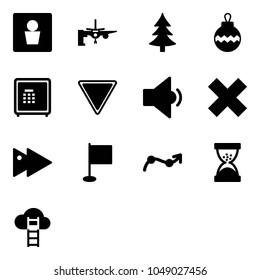 Solid vector icon set - male wc vector, boarding passengers, christmas tree, ball, safe, giving way road sign, low volume, delete cross, fast forward, flag, chart point arrow, sand clock
