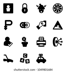 Solid vector icon set - male wc vector, lock, christmas deer hat, lemon slice, ruble, euro dollar, cash pay, steep roadside road sign, user check, flower pot, printer, solution, lawn mower, abc cube