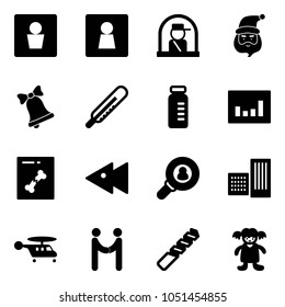 Solid vector icon set - male wc vector, female, officer window, santa claus, bell, thermometer, vial, statistics, x ray, fast backward, head hunter, building, helicopter, agreement, drill, doll
