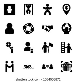 Solid vector icon set - male wc vector, pull ups, gymnastics, dollar pin, user, friends, agreement, man globe, world, winner, win, opportunity, swimming, information exchange, fingerprint scanner