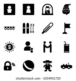 Solid vector icon set - male wc vector, female, officer window, santa claus, garland, ski, thermometer, flag, dollar sun, winner, agreement, drink, wireless lock, ball, doll, toy car