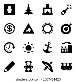 Solid vector icon set - male wc vector, christmas tree, fireplace, champagne, dollar exchange, tractor way road sign, prohibition, target, clock around, bulb, anchor, plant, pencil, bear toy, bow