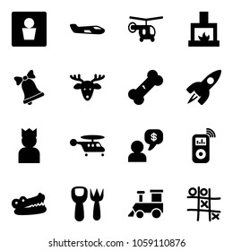 Solid vector icon set - male wc vector, small plane, helicopter, fireplace, bell, christmas deer, broken bone, rocket, king, money dialog, music player, crocodile, shovel fork toy, train