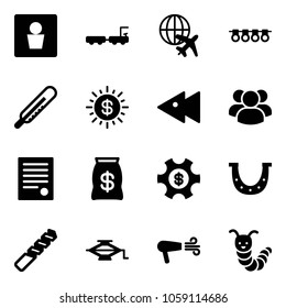 Solid vector icon set - male wc vector, baggage truck, plane globe, garland, thermometer, dollar sun, fast backward, group, agreement, money bag, managemet, luck, drill, jack, dryer, toy caterpillar