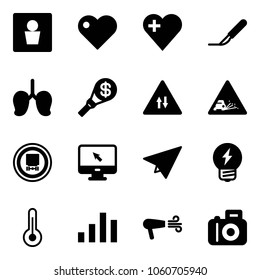 Solid vector icon set - male wc vector, heart, scalpel, lungs, money torch, oncoming traffic road sign, gravel, no dangerous cargo, monitor cursor, paper plane, idea, thermometer, chart, dryer