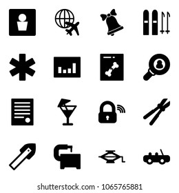 Solid vector icon set - male wc vector, plane globe, bell, ski, ambulance star, statistics, x ray, head hunter, agreement, drink, wireless lock, bolt cutter, tile drill, machine tool, jack, toy car