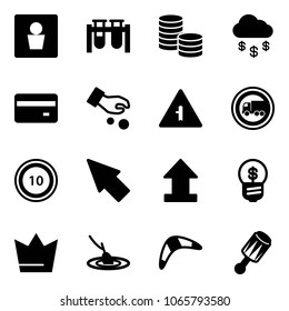 Solid vector icon set - male wc vector, vial, coin, money rain, credit card, investment, intersection road sign, no truck, speed limit 10, cursor, uplooad, business idea, crown, fishing, boomerang