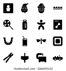 Solid vector icon set - male wc vector, santa claus, garland, lollipop, vial, gymnastics, x ray, luck, drink, dragonfly, cpu, bolt cutter, crown drill, machine tool, toy car