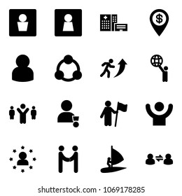 Solid vector icon set - male wc vector, female, hospital building, dollar pin, user, social, career, world, team leader, winner, win, success, star man, agreement, windsurfing, information exchange