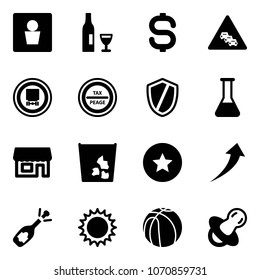 Solid vector icon set - male wc vector, wine, dollar sign, multi lane traffic road, no dangerous cargo, tax peage, shield, flask, store, garbage, star medal, growth, fizz opening, sun, basketball