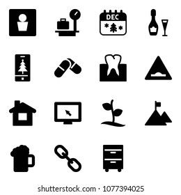 Solid vector icon set - male wc vector, baggage scales, christmas calendar, wine, mobile, pills, tooth, artificial unevenness road sign, home, monitor cursor, sproute, mountain, beer, link
